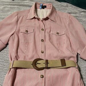 Red and white striped dress with belt